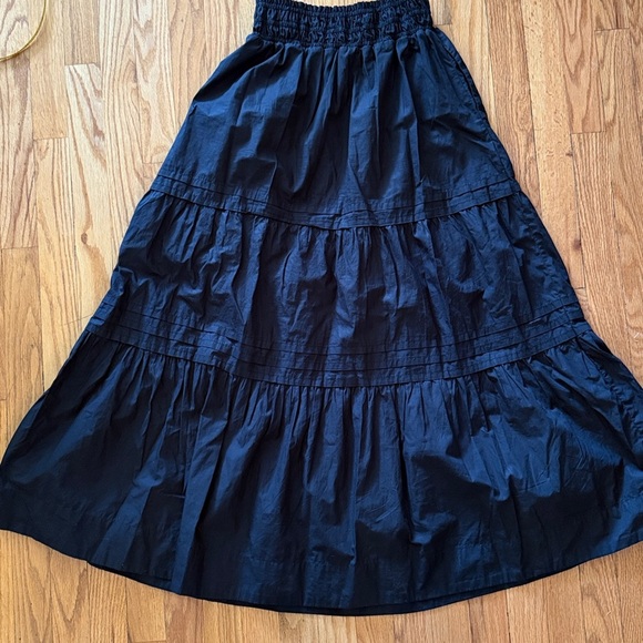 Quince sz S Black A-Line Skirt 100% organic cotton poplin tiered maxi new cond - Picture 5 of 11
